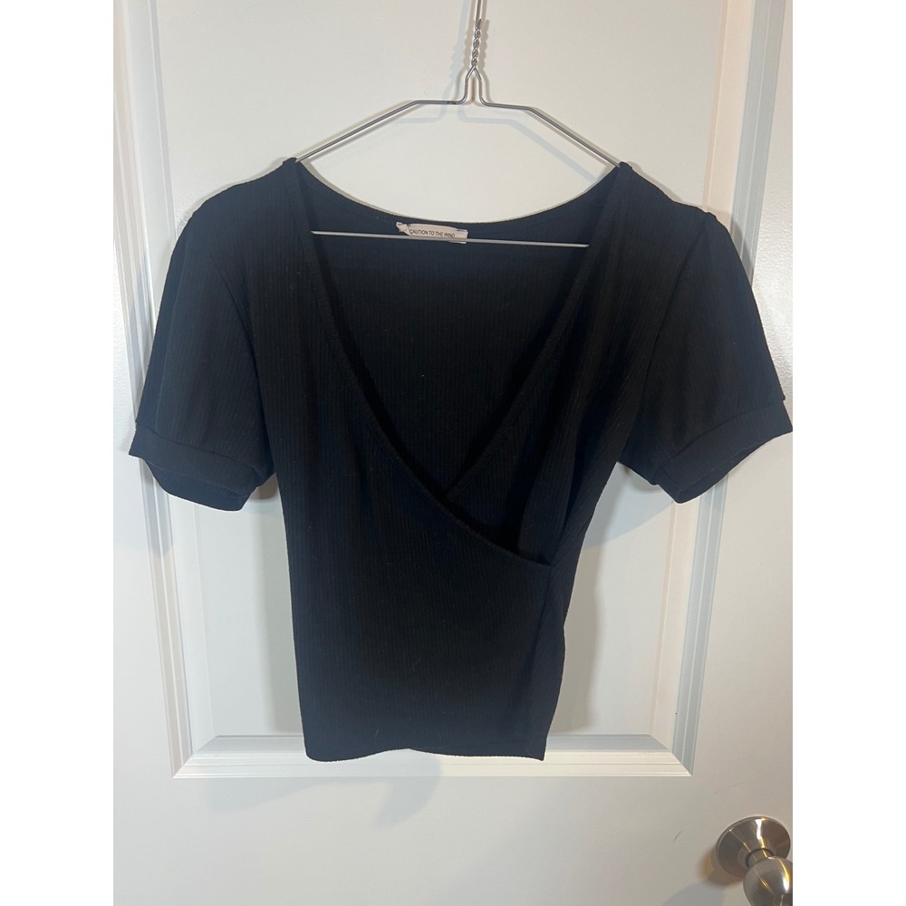 Caution to the Wind Women Top Ribbed Wrap Front Puff Sleeve‎ Black No Size Tag